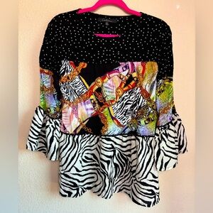 Calessa Colorful Abstract Zebra Print Flared Bell Sleeve 3/4 Sleeve Blouse S